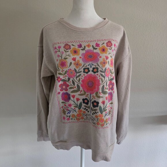 Natural Life Womens Oversized Floral GRATEFUL Sweatshirt Side Pockets Size S - Picture 1 of 9